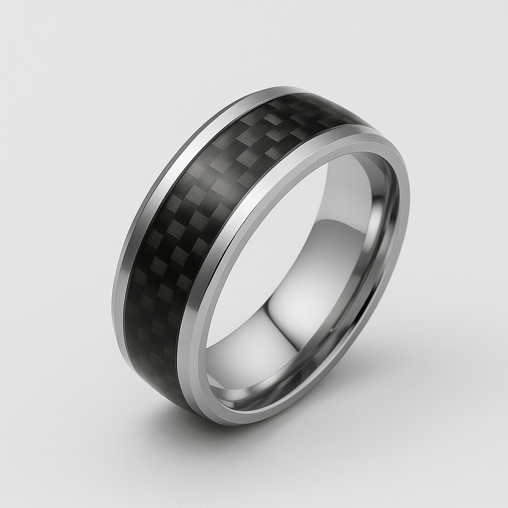 Anillo Negro y Silver I Fibra de Carbono Entrelazado