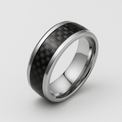 Anillo Negro y Silver I Fibra de Carbono Entrelazado